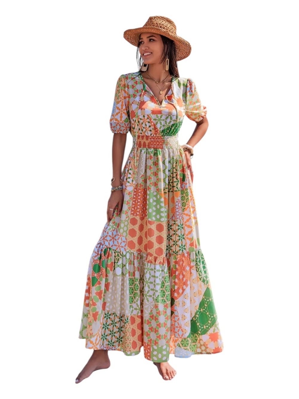 Rusttydustty Boho Colorful Patchwork Print Smocked Waist Maxi Dress Multicolour